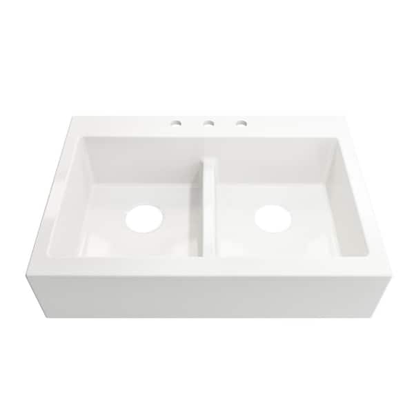 Farmhouse Apron-Front Fireclay 34 in. 3-Hole Double Bowl Kitchen Sink in White with Bottom Grid