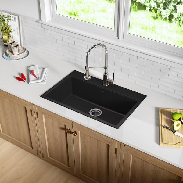 Drop-in/Undermount Granite Composite 31 in. 1- Hole Single Bowl Kitchen Sink Kit in Black