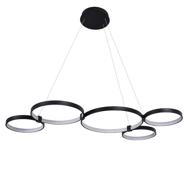 Capella 80-Watt ETL Certified Integrated LED Black Chandelier Height Adjustable 50 in. Pendant Light with 5 LED Circles