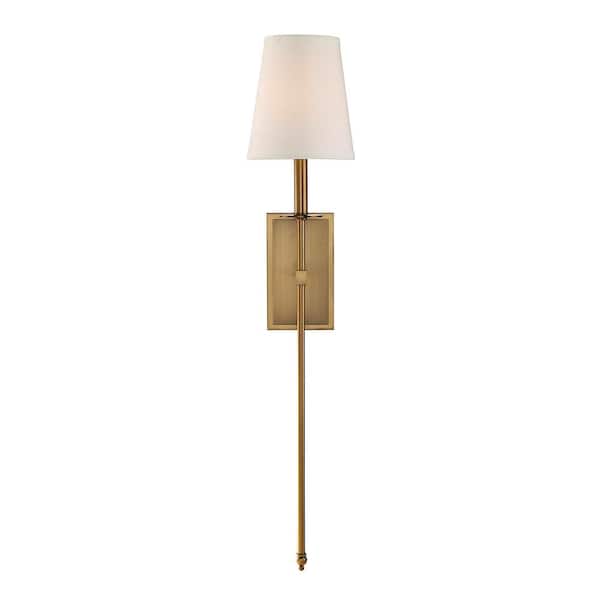 Monroe 6.7 in. W x 33.5 in. H 1-Light Warm Brass Wall Sconce with White Fabric Shade