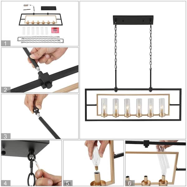 Modern Black & Brass Large Linear Chandelier Light 37.4 in. 6-Light Island Chandelier Light with Clear Glass Shades