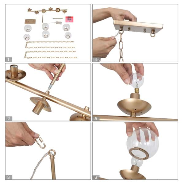 Modern Gold Dining Room Chandelier, 32 in. 6-Light Sputnik Island Linear Chandelier with Globe Glass Shades