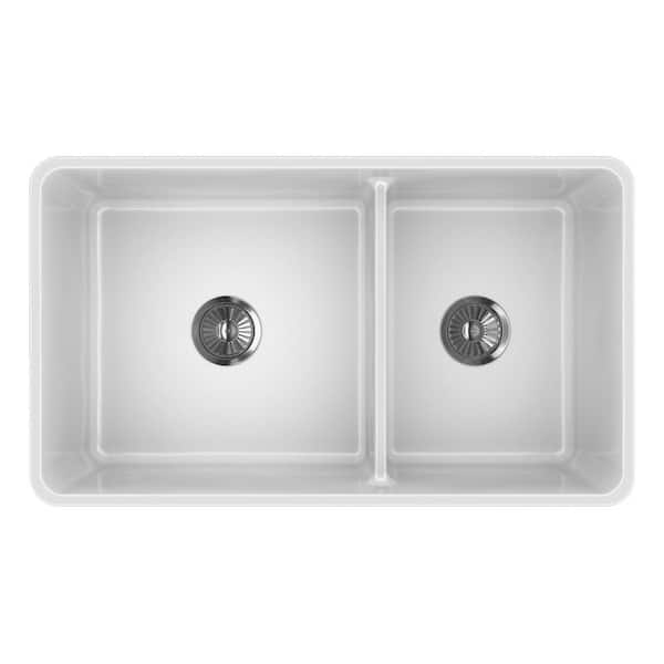 Reversible White Fireclay 36 in. Double Bowl Farmhouse Apron-Front Kitchen Sink