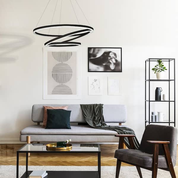 Tania 98-Watt 32 in. ETL Certified Integrated LED Black Chandelier Height Adjustable With 3-LED Circles Hanging Pendant
