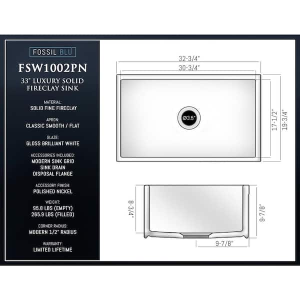 Luxury White Solid Fireclay 33 in. Single Bowl Farmhouse Apron Kitchen Sink with Polished Nickel Accs and Flat Front