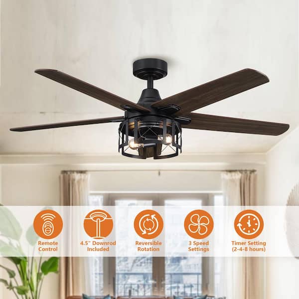 52 in. Industrial Reversible Blades Matte Black Ceiling Fan with Remote Control and Light Kit
