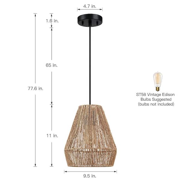 1-Light Bohemian Natural Jute Rope Island Mini Pendant Light with Black Hardware