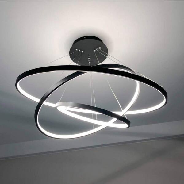 Modern 50-Watt 3-Light Tiered Integrated LED Black Rings Chandelier