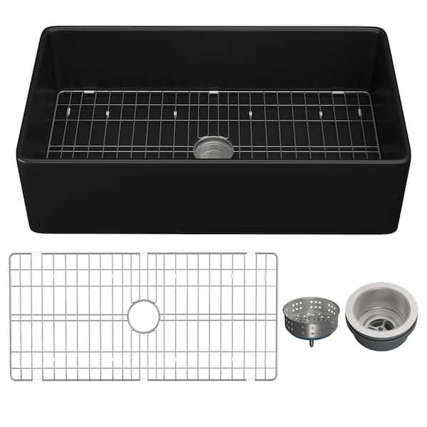 Black Fireclay 36 in. Single Bowl Farmhouse Apron Kitchen Sink with Bottom Grid and Basket Strainer