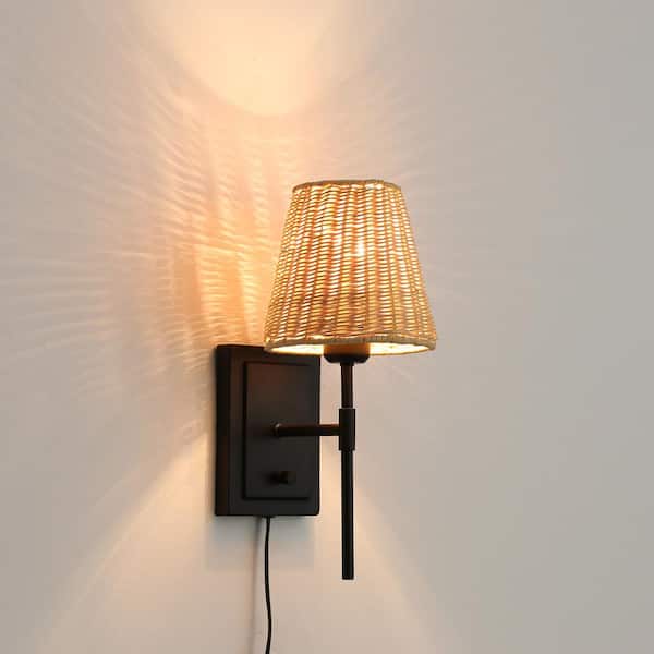 14.7 in. 2-Light Black Wall Sconce Rattan Wrapped Wall Lamp