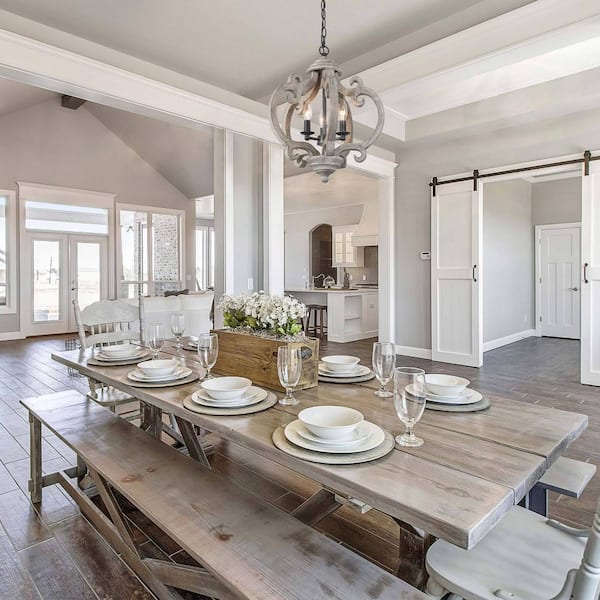 Globe Wood Chandelier Washed Gray Round Pendant 3-Light Farmhouse Candlestick Chandelier Rustic Hanging Lantern