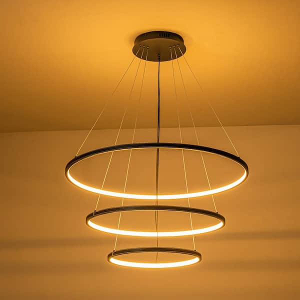 3-Light Dimmable Integrated LED Black Tiered Ring Chandelier with Leather Accent