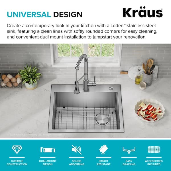 Loften Stainless Steel 25in. Single Bowl Drop-in/Undermount Kitchen Sink with Pull Down Faucet in Spot Free Stainless