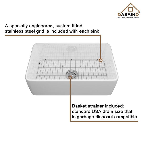 Glossy White Fireclay 30 in. Single Bowl Farmhouse Apron Kitchen Sink with Bottom Grid and Strainers With CUPC Certified