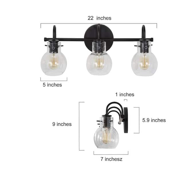 22 in. 3-Light Modern Black Bathroom Vanity Light Farmhouse Wall Sconce with Clear Glass Globe Shades