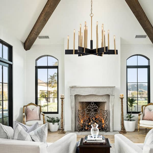 Axis 33.5 in. 18-Light Farmhouse Black and Gold Candle Style Chandelier with E12-Bulbs