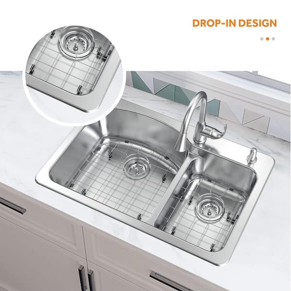 All-in-1-Drop-In/Undermount 18G Stainless Steel 33 in. 2-Hole Double Bowl Kitchen Sink with Pull-Down Faucet