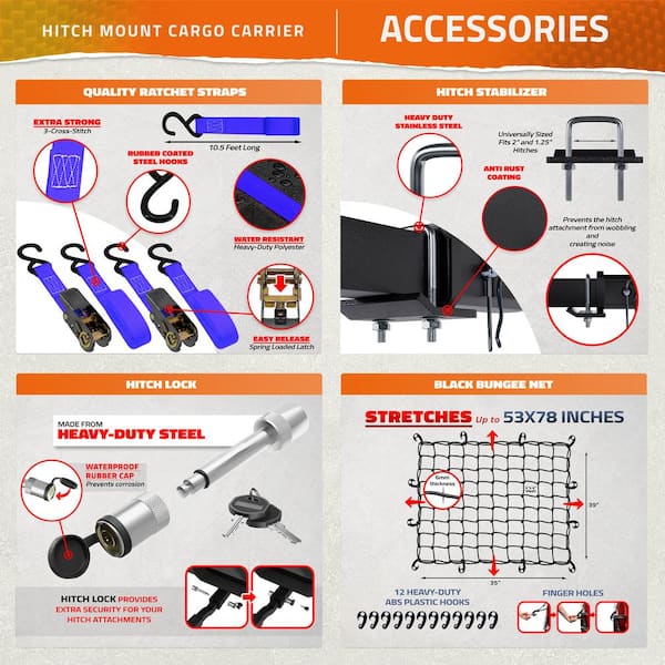 500 lbs. Capacity XL Hitch Mount Cargo Carrier Set - Folding Shank and 2 in. Raise, Cargo Bag, Net, Straps, Locks - Blue