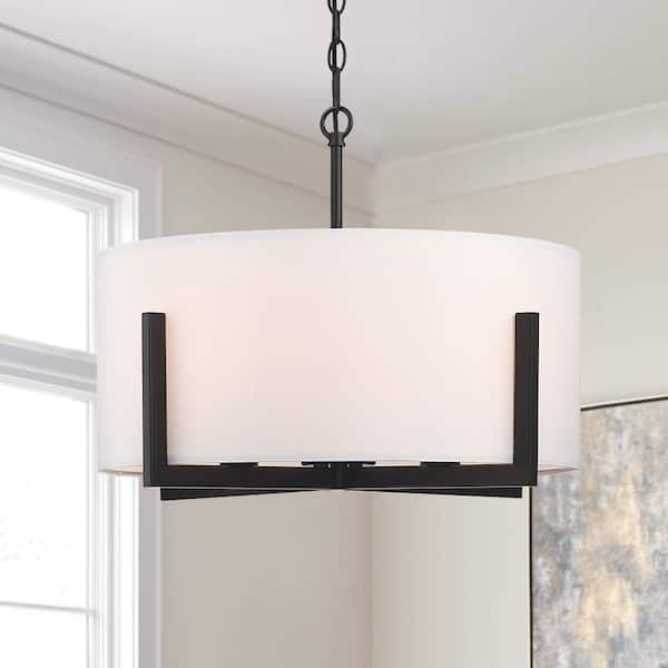 22 in. 4-Light Matte Black Chandelier Pendant Light with White Drum Shade