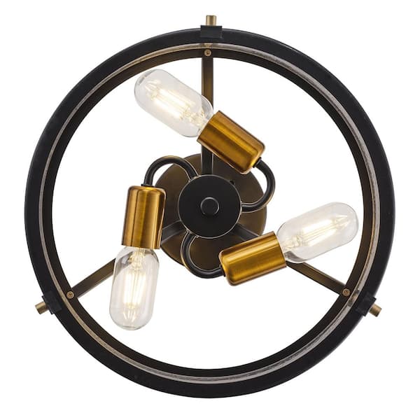 15.7in. 3-Light Industrial Black Semi-Flush Mount Ceiling Light with Seeded Glass Shade