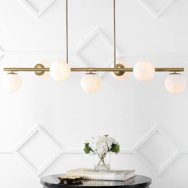 Luca Parisian 53 in. 7-Light Brass Gold/White Modern Glam Iron Globe Linear LED Pendant, Brass Gold