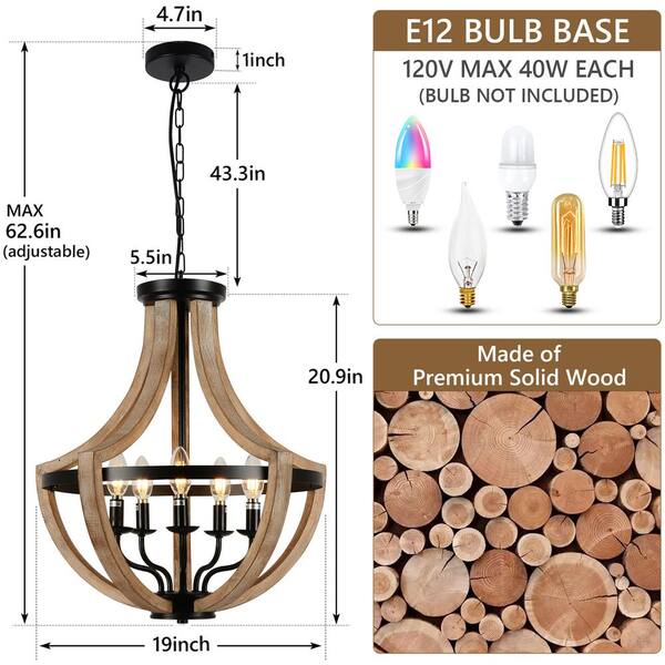 5-Light Semi-Globle Natural Wood Grain Finish Farmhouse Chandelier, Ceiling Light with Adjustable High