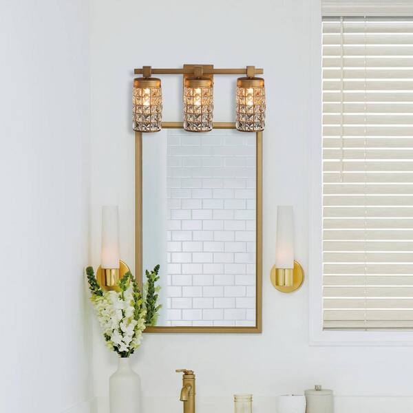 Modern Powder Room Bathroom Vanity Light, 20 in. 3-Light Gold Wall Sconce with Crystal Cylinder Shade