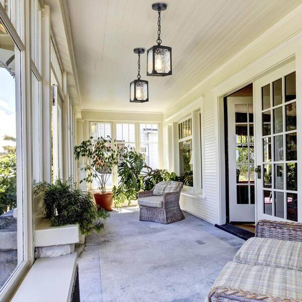 Modern Matte Black Outdoor Pendant Light Square 1-Light Cage Lantern Hanging Light with Water Glass Shade