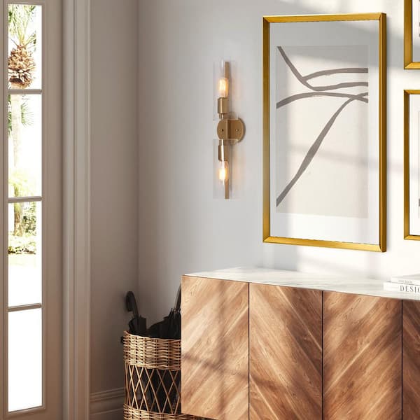 Mid-Century Cylinder Bathroom Vanity Light 2-Light Transitional Brass Gold Tube Wall Light with Seeded Glass Shades