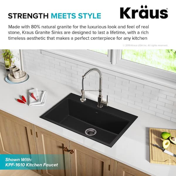 Drop-in/Undermount Granite Composite 31 in. 1- Hole Single Bowl Kitchen Sink Kit in Black
