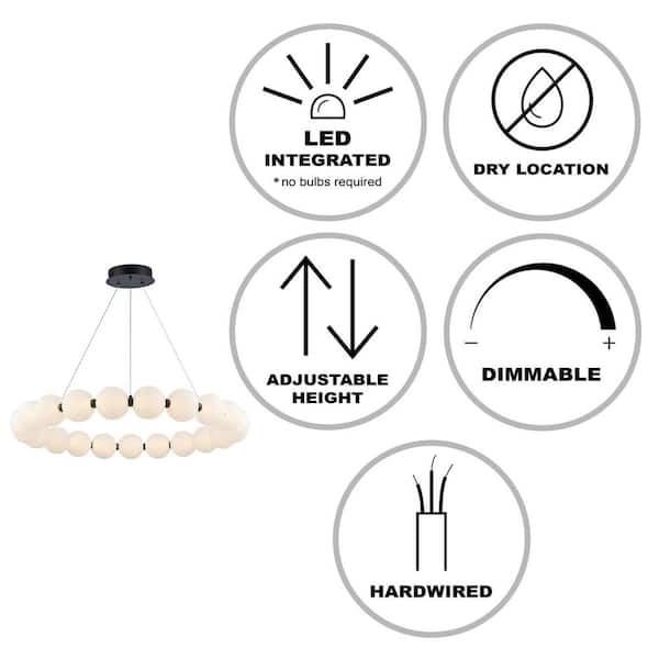 Ellington 33 in. Dimmable Integrated LED Black Chandelier Light Fixture with Acrylic Globe Shades