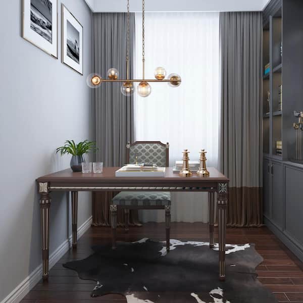 Modern Gold Dining Room Chandelier, 32 in. 6-Light Sputnik Island Linear Chandelier with Globe Glass Shades