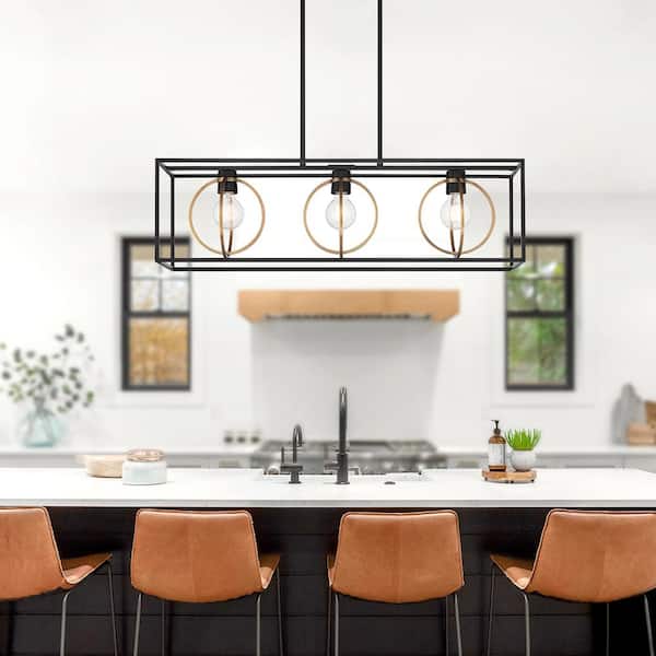 Kew Gardens 60-Watt 3-Light Matte Black and Old Satin Brass Linear Pendant