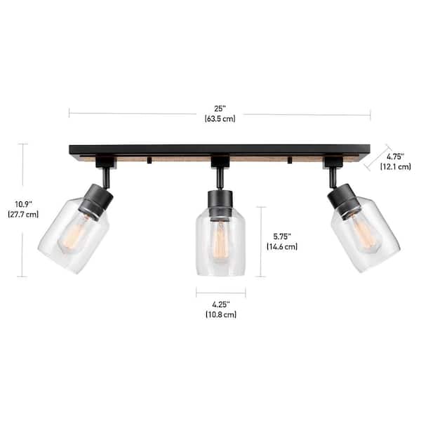 Griffith 25 in. 3-Light Faux Wood and Matte Black Track Lighting with Clear Glass Shades