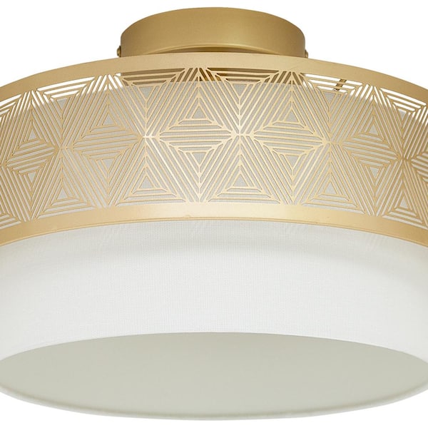 Sloane 13.125 in. Dual-Light Gold-Tone Semi-Flush Mount with White Fabric Drum Shade