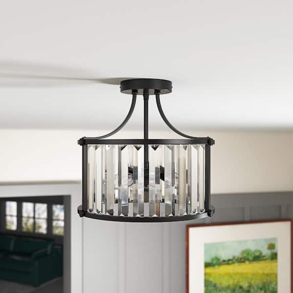 Modern 12.6 in. 3-Light Crystal Semi-Flush Mount Matte Black Close to Ceiling Light Fixtures
