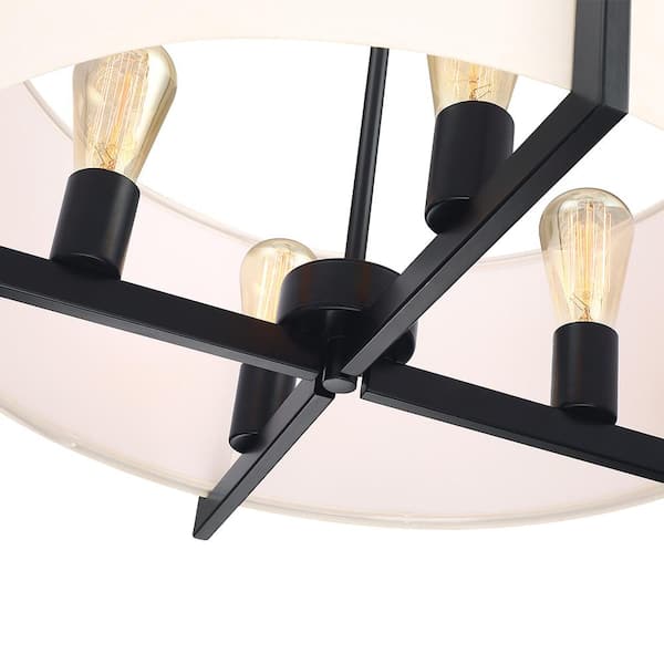 22 in. 4-Light Matte Black Chandelier Pendant Light with White Drum Shade