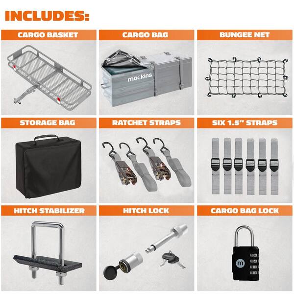 500 lb. Capacity Gray Hitch Mount Cargo Carrier Basket with 16 cu. ft. Cargo Bag, Net, Straps, Folding Shank, 2in. Raise
