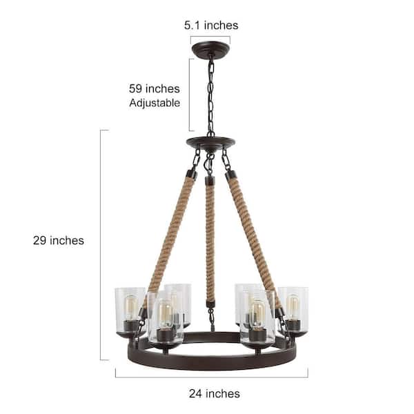 Farmhouse 6-Light Dark Brown Wagon Wheel Island Rustic Chandelier with Cylinder Clear Glass Shades and Natural Ropes