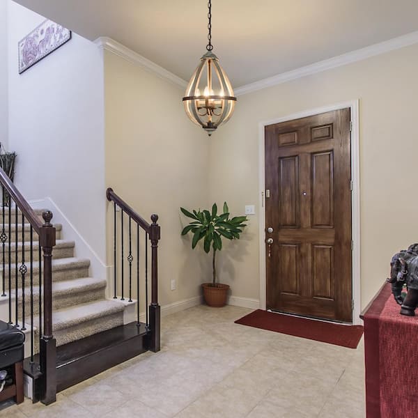 4-Light Rustic Bronze Farmhouse Globe Island Chandelier with Tear-Drop Wood Cage Transitional Candlestick Pendant Light