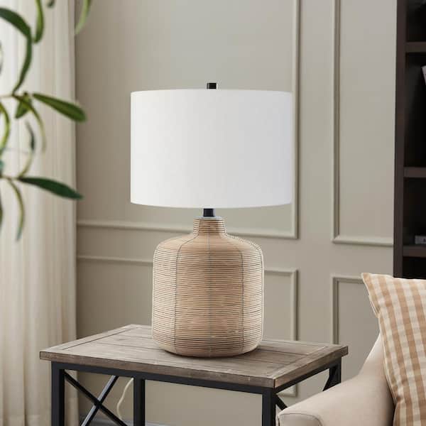 Jolina 20.5 in. Natural Rattan Petite Table Lamp with Brass Accents
