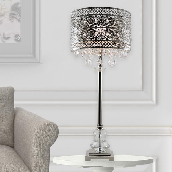 Brielle 28.75 in. Silver Table Lamp with Polished Nickel and Crystal Shade