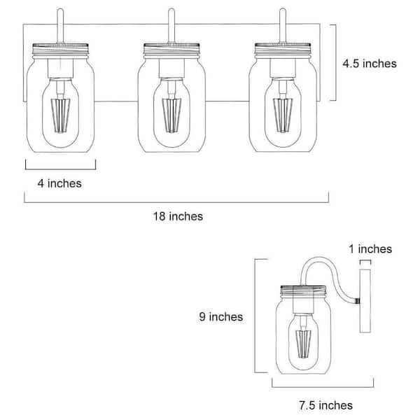 Farmhouse Bathroom Vanity Light 3-Light Black Powder Room Wall Sconce with Brown Faux Wood Accent Clear Mason Jar Shades