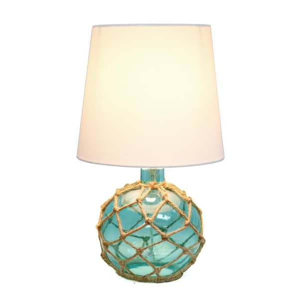 15.25 in. 1-Light Aqua Buoy Rope Nautical Netted Coastal Ocean Sea Glass Table Lamp with White Fabric Shade