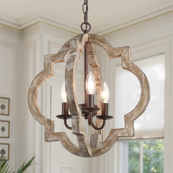 3-Light Bronze Modern Farmhouse Kitchen Island Chandelier Light Distressed Wood Hall-Foyer Open Cage Pendant Light