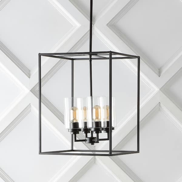 Everly 15.5 in. 4-Light Industrial Farmhouse Iron/Glass LED Pendant, Oil Rubbed Bronze