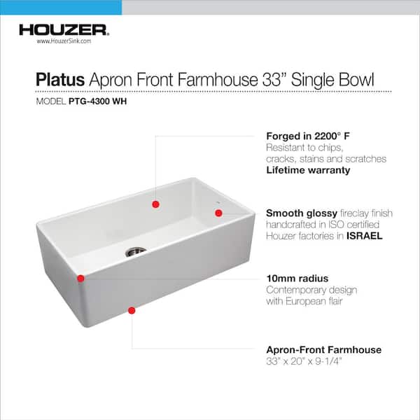 Houzer Farmhouse Apron Front 33 inch Fireclay Single Bowl Kitchen Sink, White, PTG-4300 WH