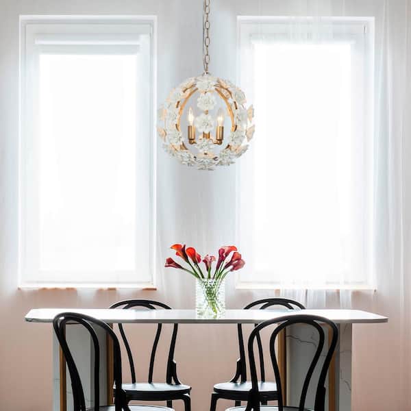 Modern Globe Dining Room Chandelier 3-Light Gold Chandelier Light with White Ceramics Flowers