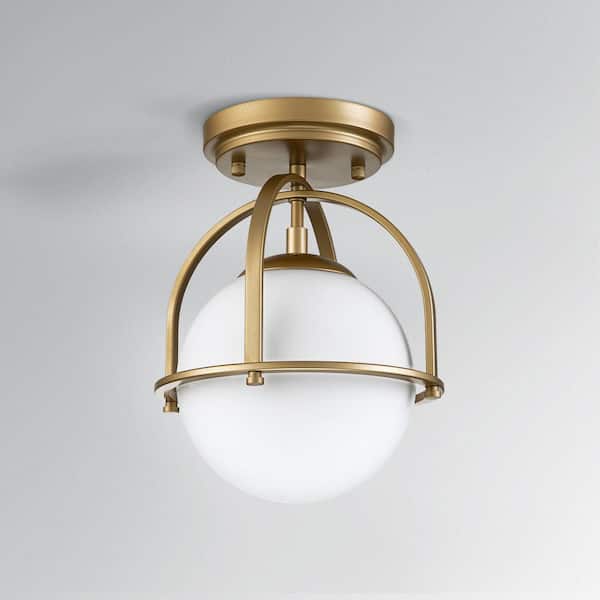 Fragoso 8.66 in. 1-Light Brass Semi Flush Mount Light with Opal Glass