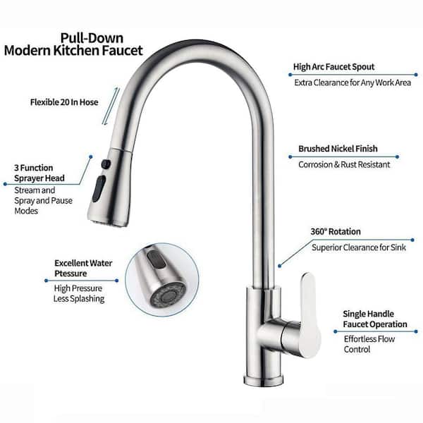 Modern Single-Handle Pull-Down Sprayer Kitchen Faucet with 3 Spray Mode in Stainless Steel